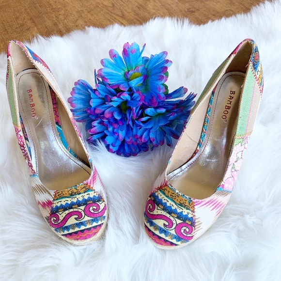 BAMBOO Shoes - Bambo Jute Wedges Platform Heels Pink Blue Size 8